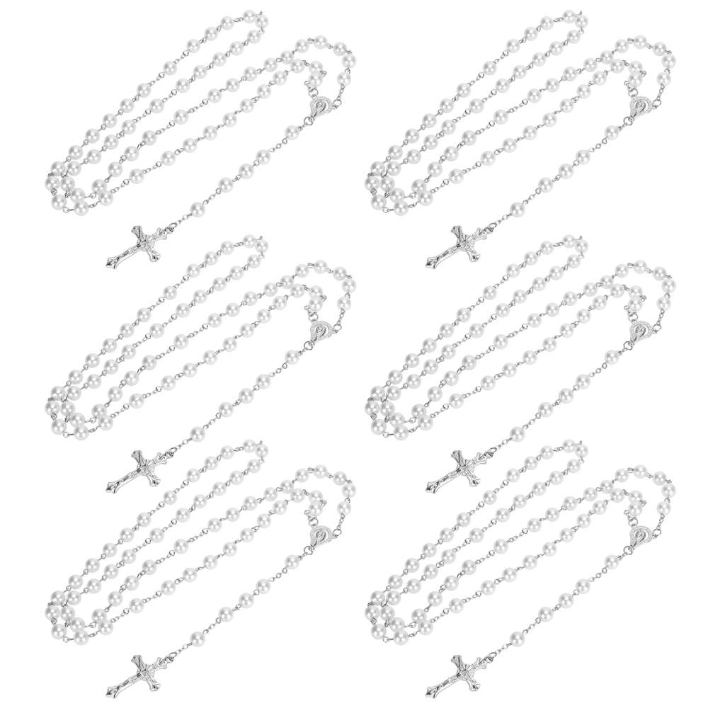 6Pcs Crucifix Necklace Jesus Cross Christian Rosary Bead Chain HandMade Religious Jewelry(White )