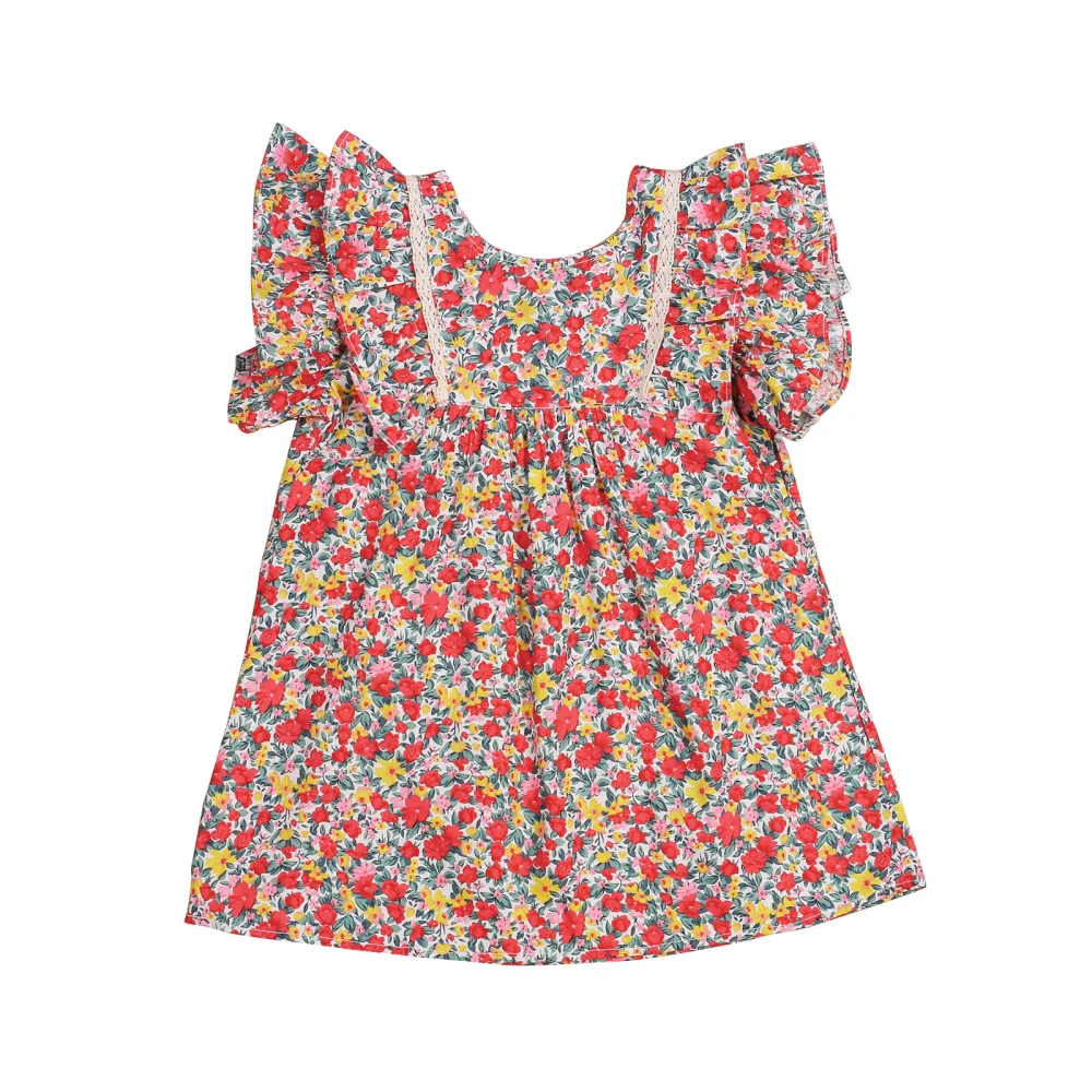 Girls Summer Casual Floral Print Fly Sleeve Round Neck A-line Dress