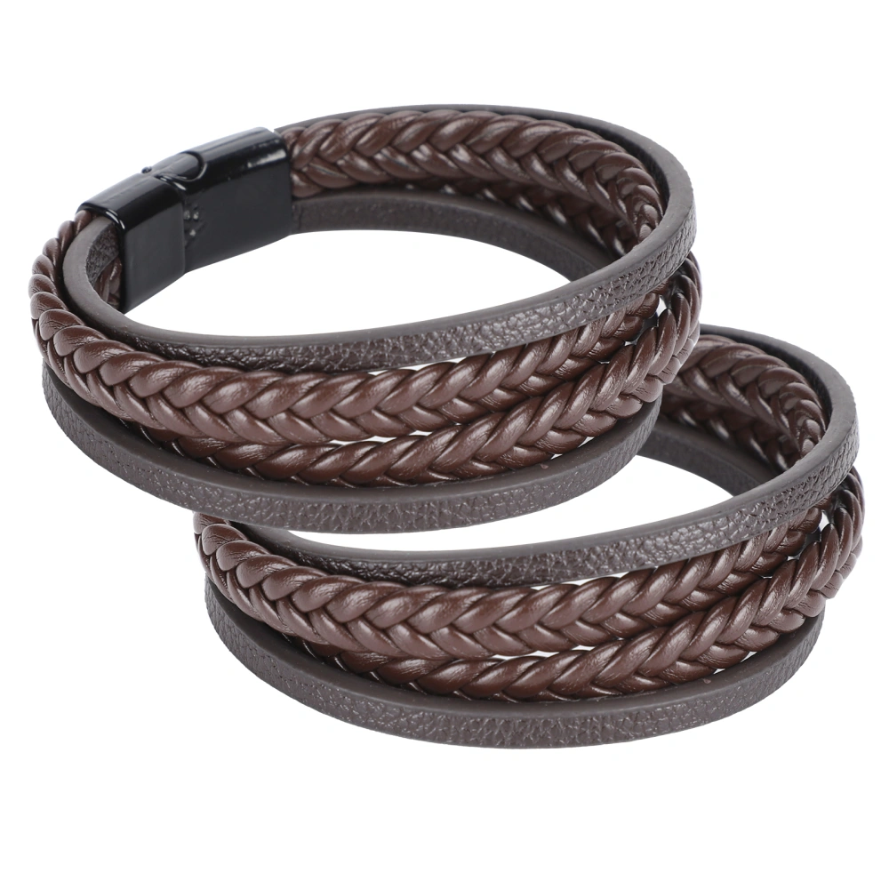 2Pcs Bracelets PU Leather Braided Couple Casual HandMade MultiLayer Wrist Decoration(Brown Black Buckle )