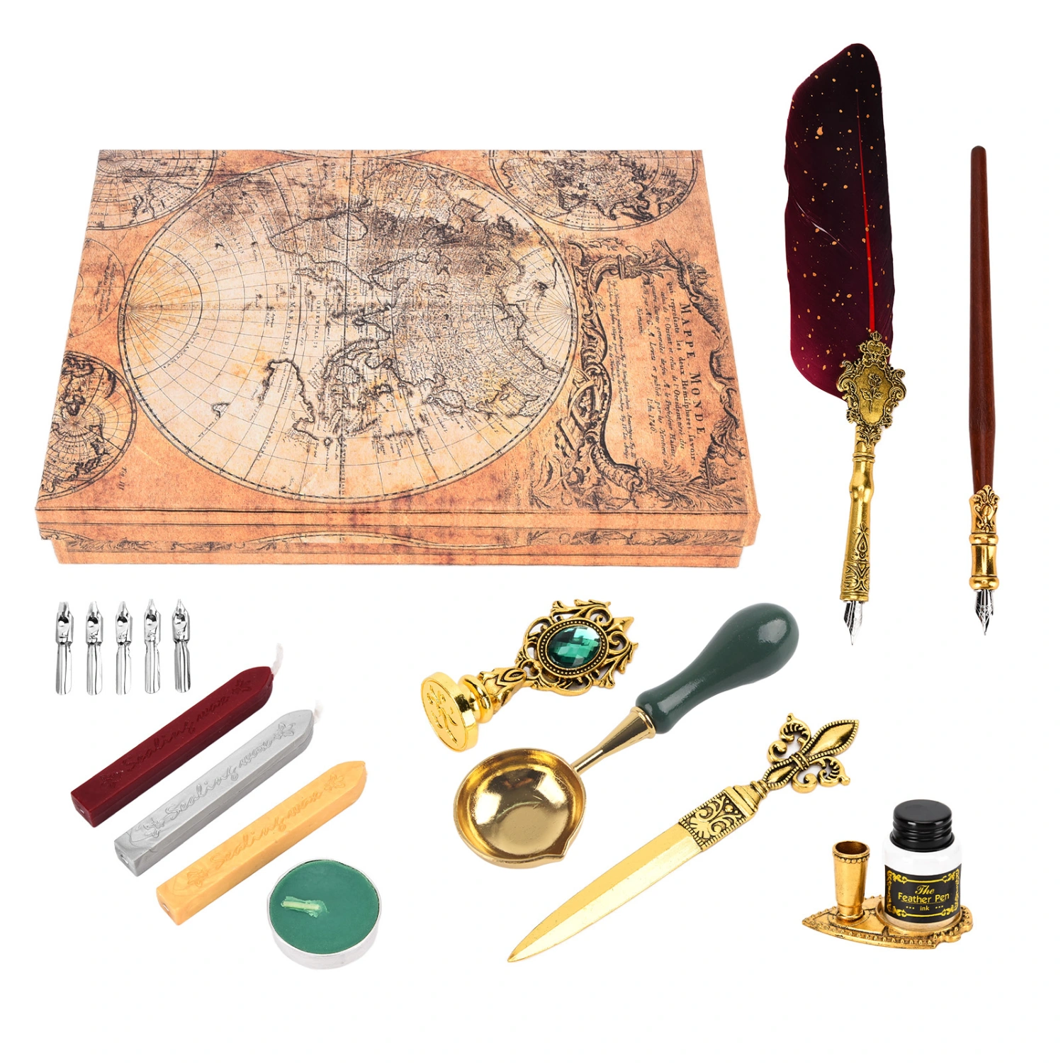 Feather Pen Set Painted Stamp Student Dip Pen Set European Style British Retro Dipping Feather Pen SetWine Red