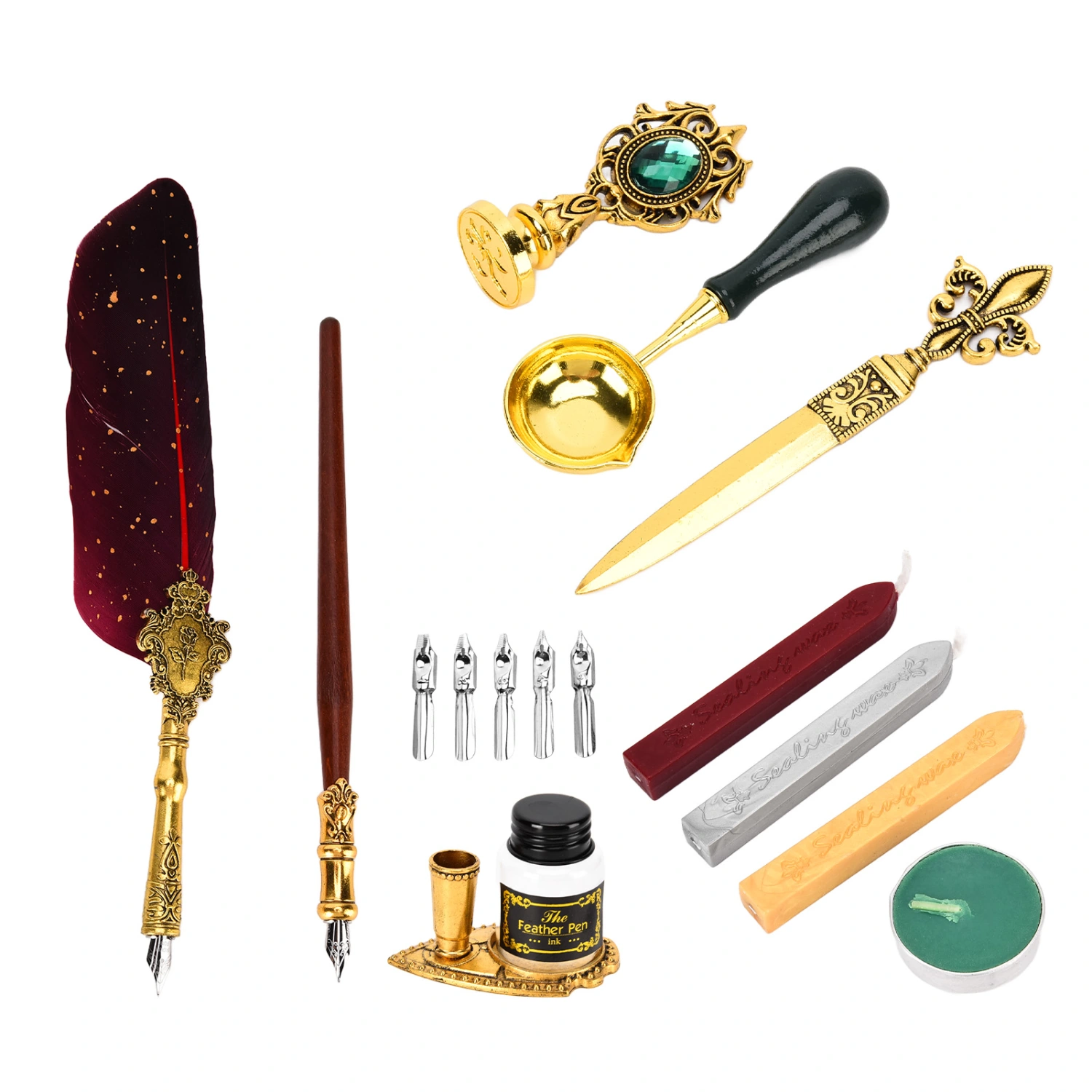 Feather Pen Set Painted Stamp Student Dip Pen Set European Style British Retro Dipping Feather Pen SetWine Red
