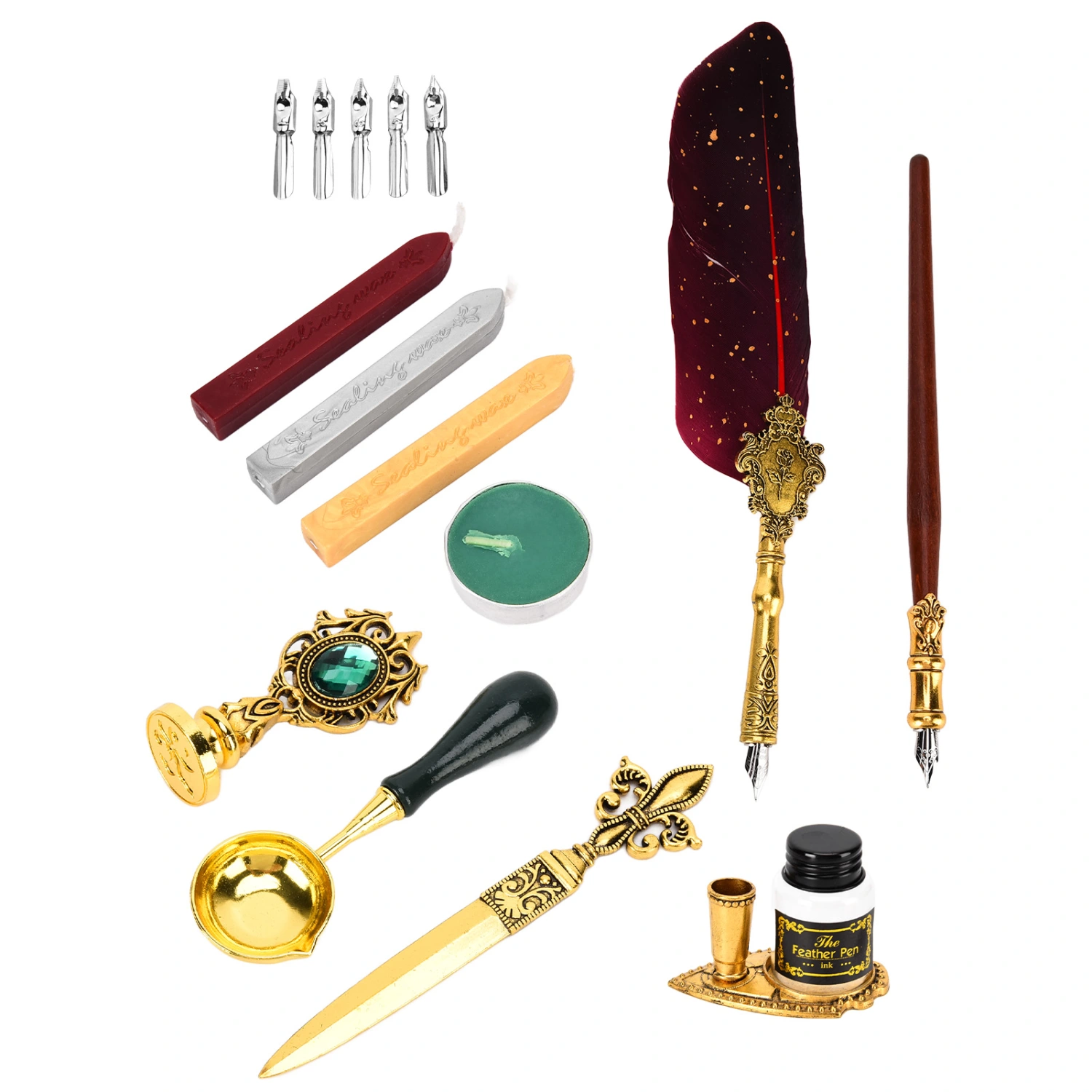Feather Pen Set Painted Stamp Student Dip Pen Set European Style British Retro Dipping Feather Pen SetWine Red