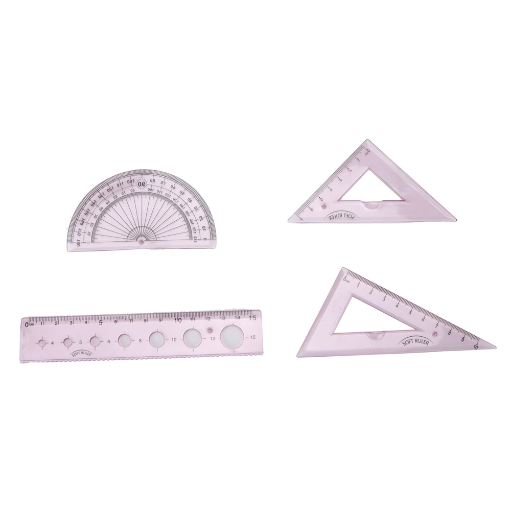 4pcs Ruler Soft Plastic Transparent Cute Pink Angle Length Measuring Tools for Kids Students Studying