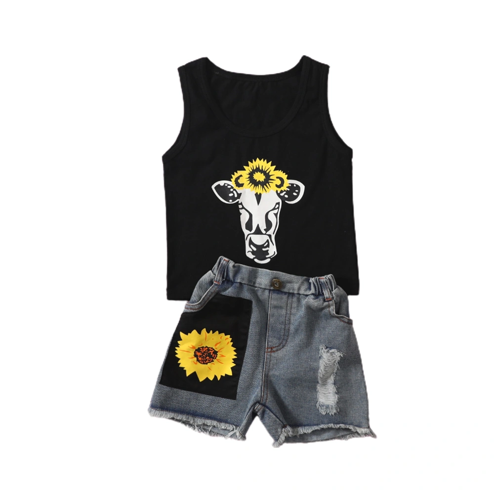 Kids Cow Head Print U-Neck Camisole+ Sunflower Print Denim Shorts