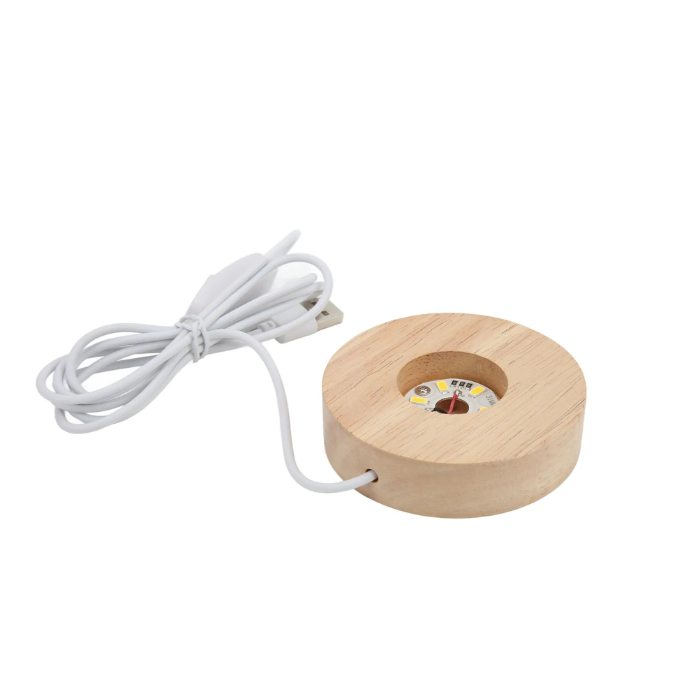 LED Light Base USB Interface Oak Wood Material Round 2cm/0.8in Thickness Glowing Decorative Display Lamp for Home 5VWarm Light Base