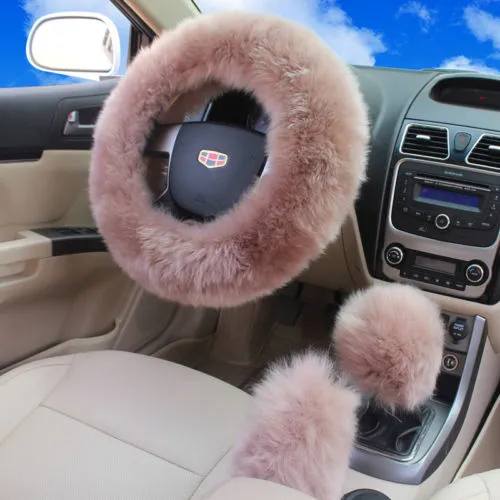 3Pcs Winter Faux Wool Car Decorations Steering Wheel+Shift Lever+Handbrake Cover