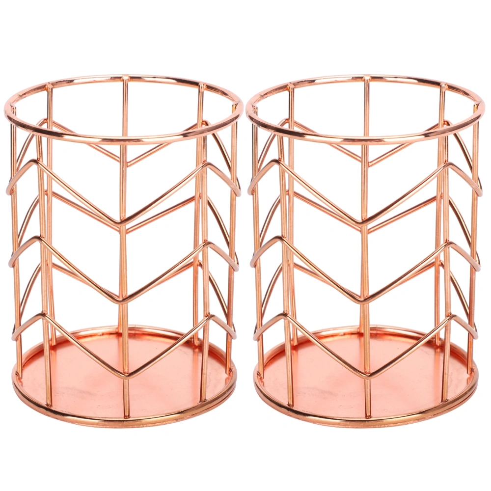 2Pcs Pen Holder Round Rose Gold Desktop Storage Basket Metal Mesh Makeup Organizer Box