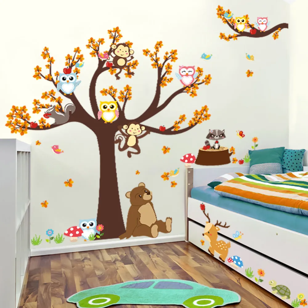 Cartoon Wall Decals Cute Animal Flower Maple Self-Adhesive Wall Art Stickers