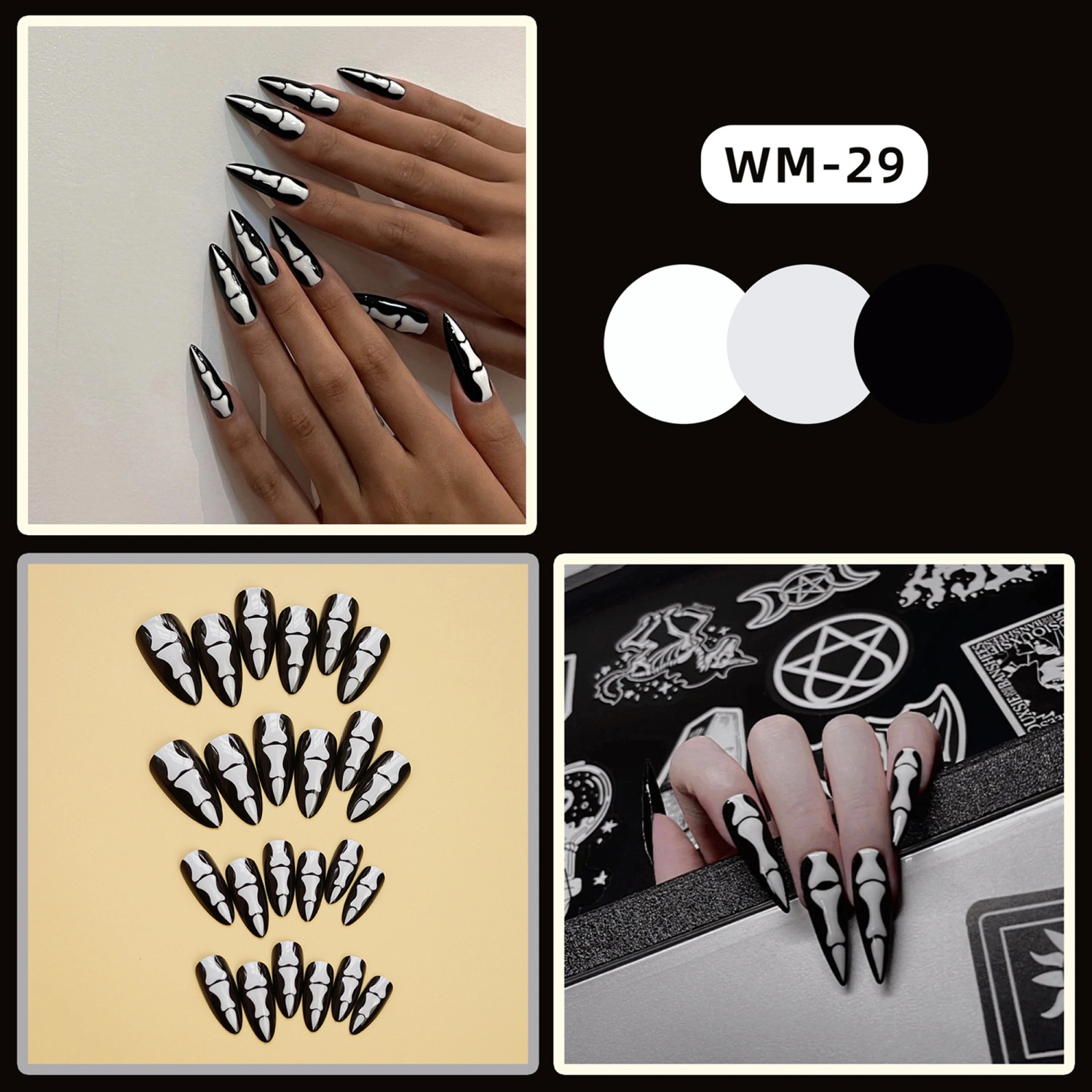 Women Halloween Fake Nails Goth Skull Pattern False Nail Tips Funny Full Cover Nails Art Manicure Salon Supplies