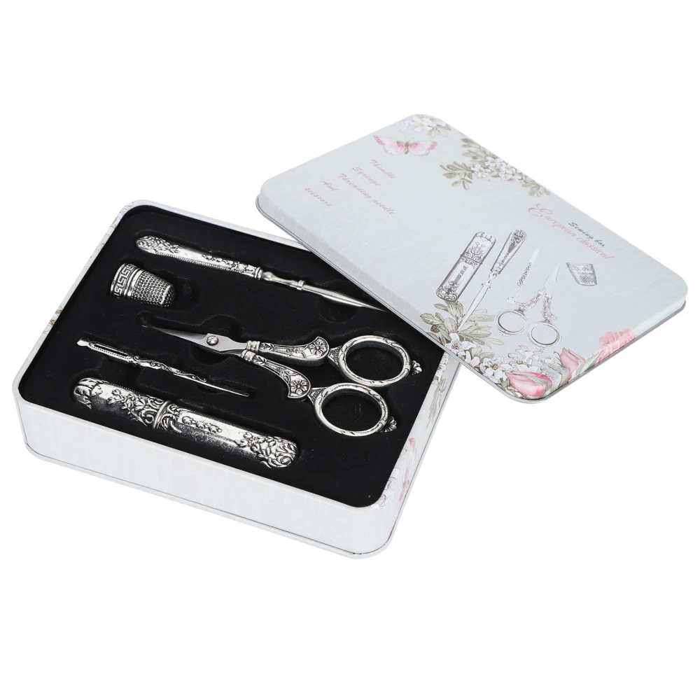 Retro Sewing Scissors Set Silver Threading Needle Thimble Household Cutting Tools Boxed