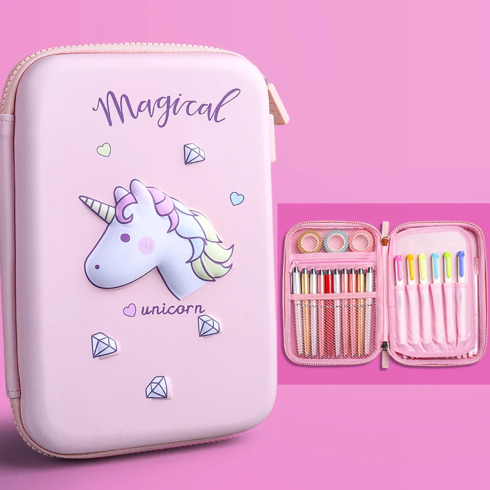 Pencil Case Stationery Box Makeup Bag Organizer Cute Pattern Waterproof for School Students Children Unicorn Pink