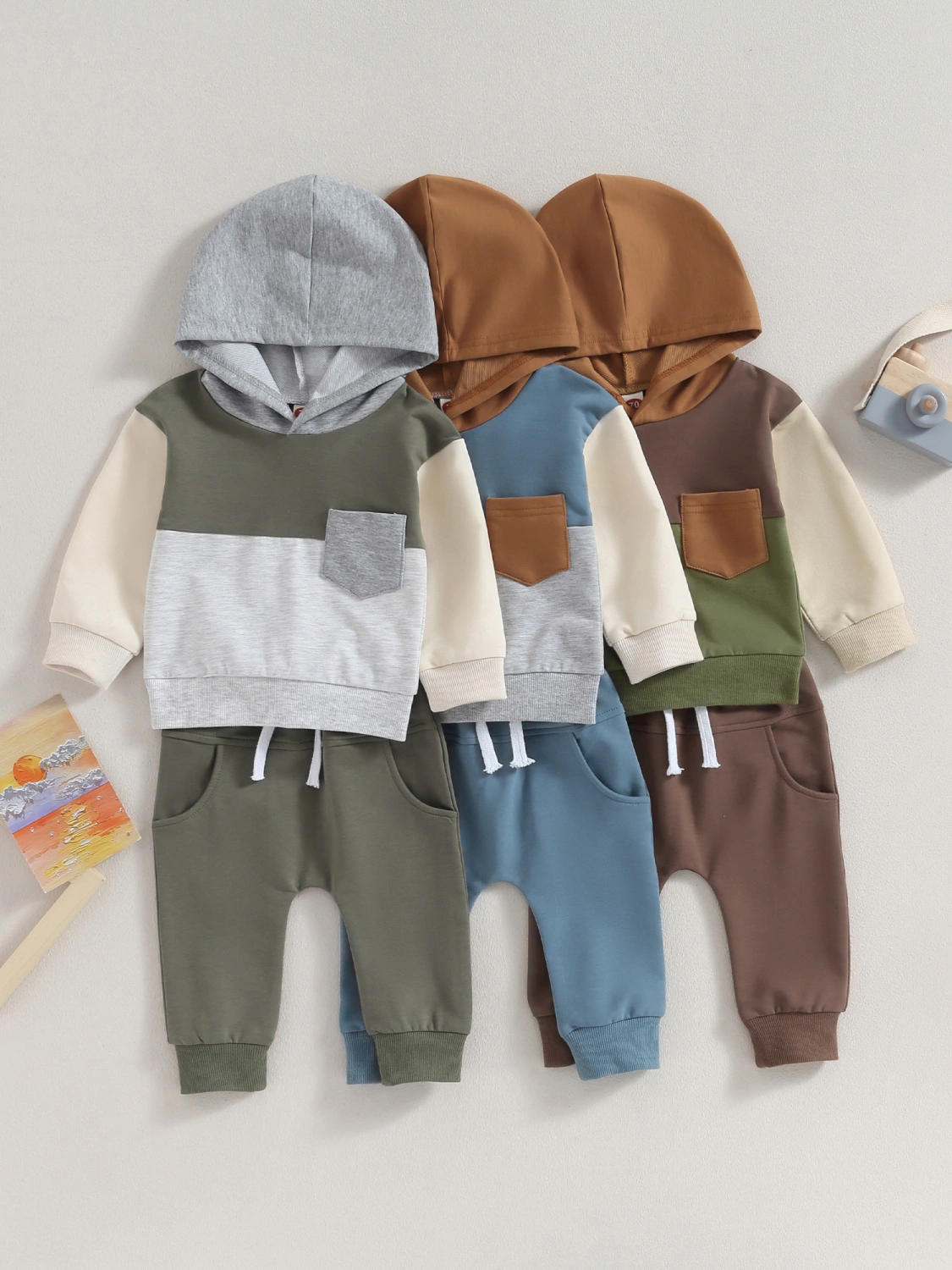 Baby Boy Fall Outfits Contrast Color Pocket Hoodie + Pants Set