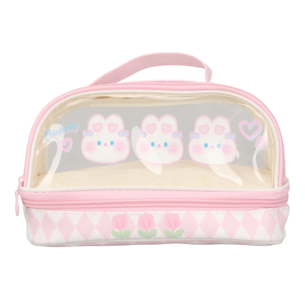 Cute Rabbit Pen Bag Rabbit Pattern Double Layer Waterproof Transparent Kawaii Pencil Case Pink Cosmetic Bag with Handle for Kids