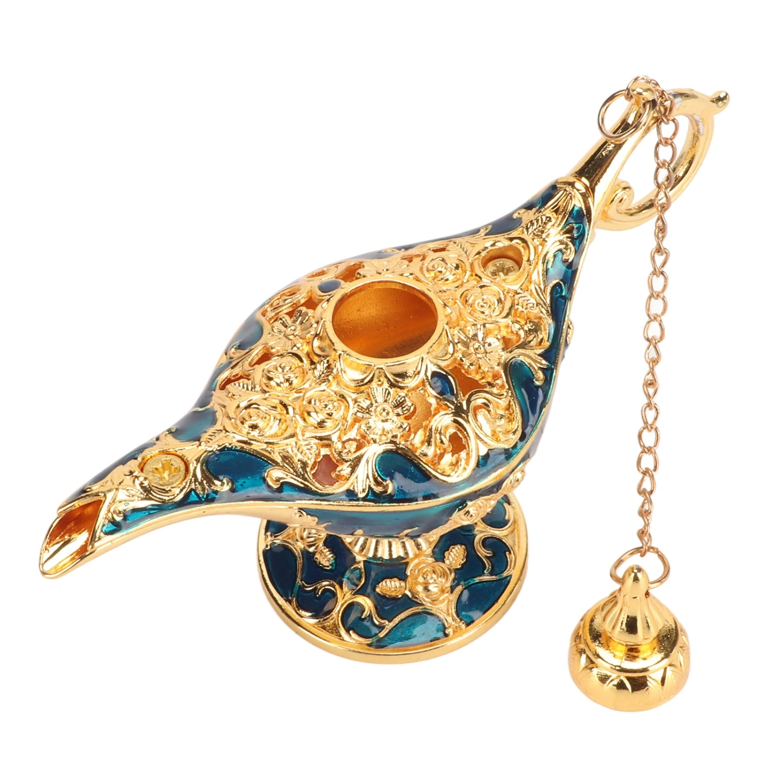 Magic Genie Lamp Exquisite Colorfast Eye Catching Alloy Embossed Pattern Genie Lamp for Bedroom Office Gold+BLue 4.7in