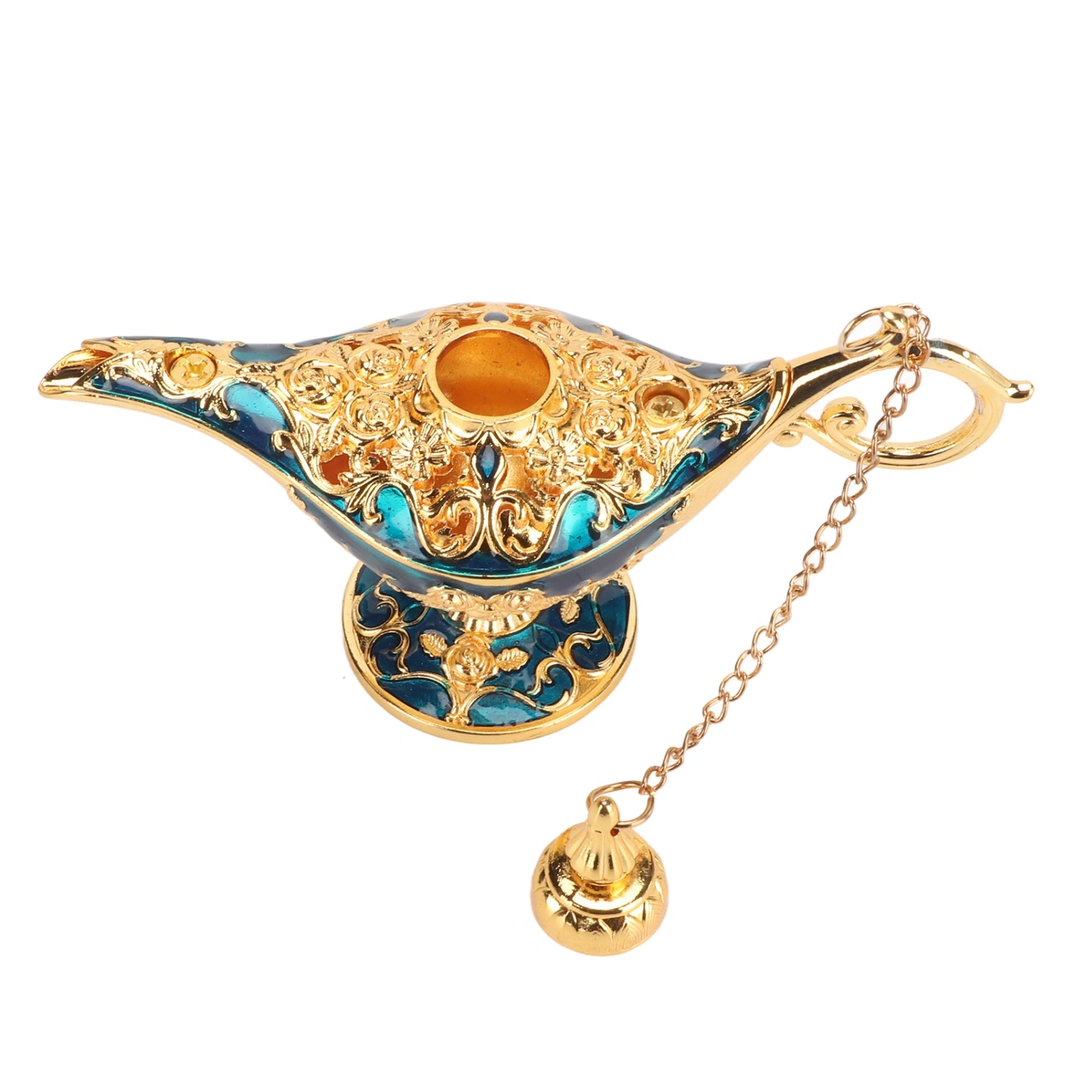 Magic Genie Lamp Exquisite Colorfast Eye Catching Alloy Embossed Pattern Genie Lamp for Bedroom Office Gold+BLue 4.7in