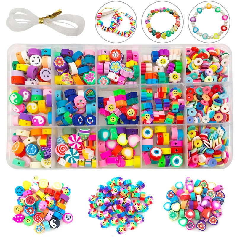 990Pcs Clay Beads Bright Color Various Styles DIY Clay Bead Kit for Jewelry Bracelets Necklaces Making 15 Grids 990Pcs