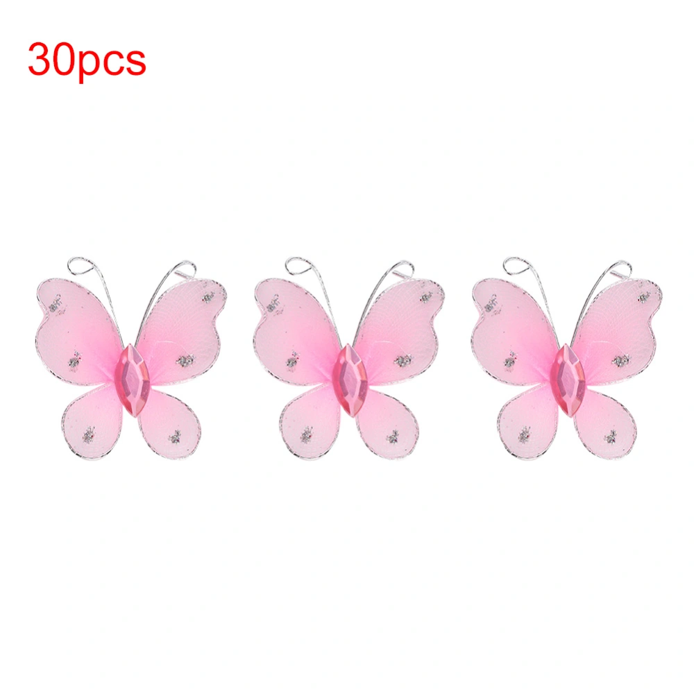 30pcs Wired Mesh Glitter Butterflies with Artificial Gem DIY Handmade Crafts for Weeding Party Home DecorationPink