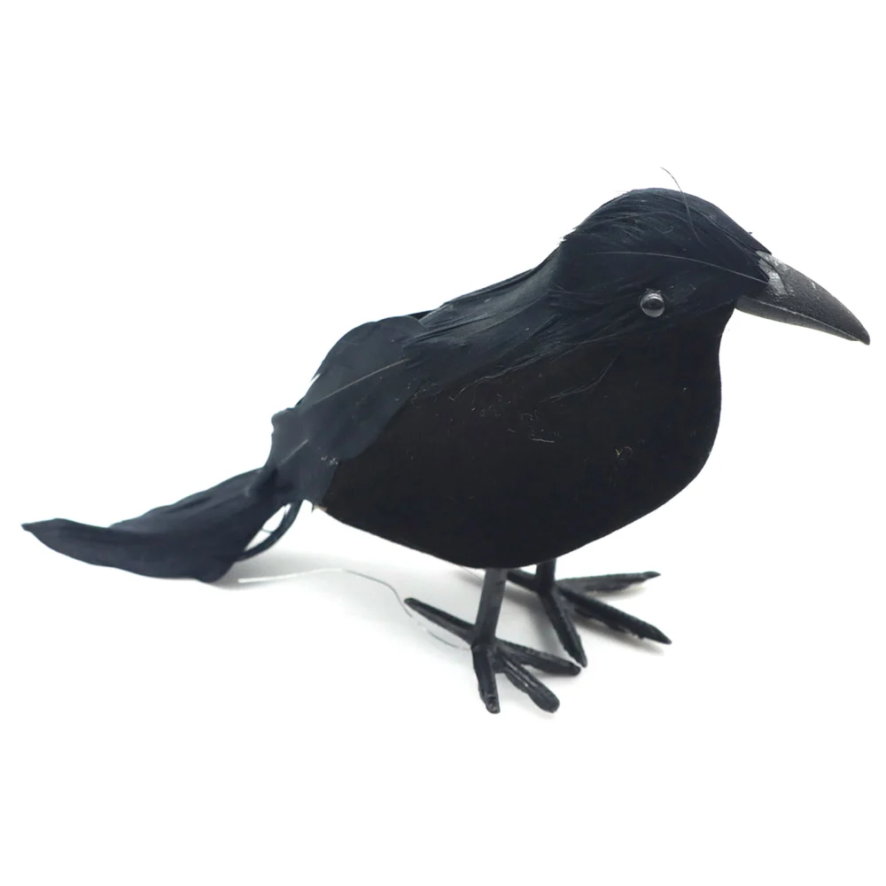 Halloween Crow Figurine, Black Lifelike Crow Ornament with Feather