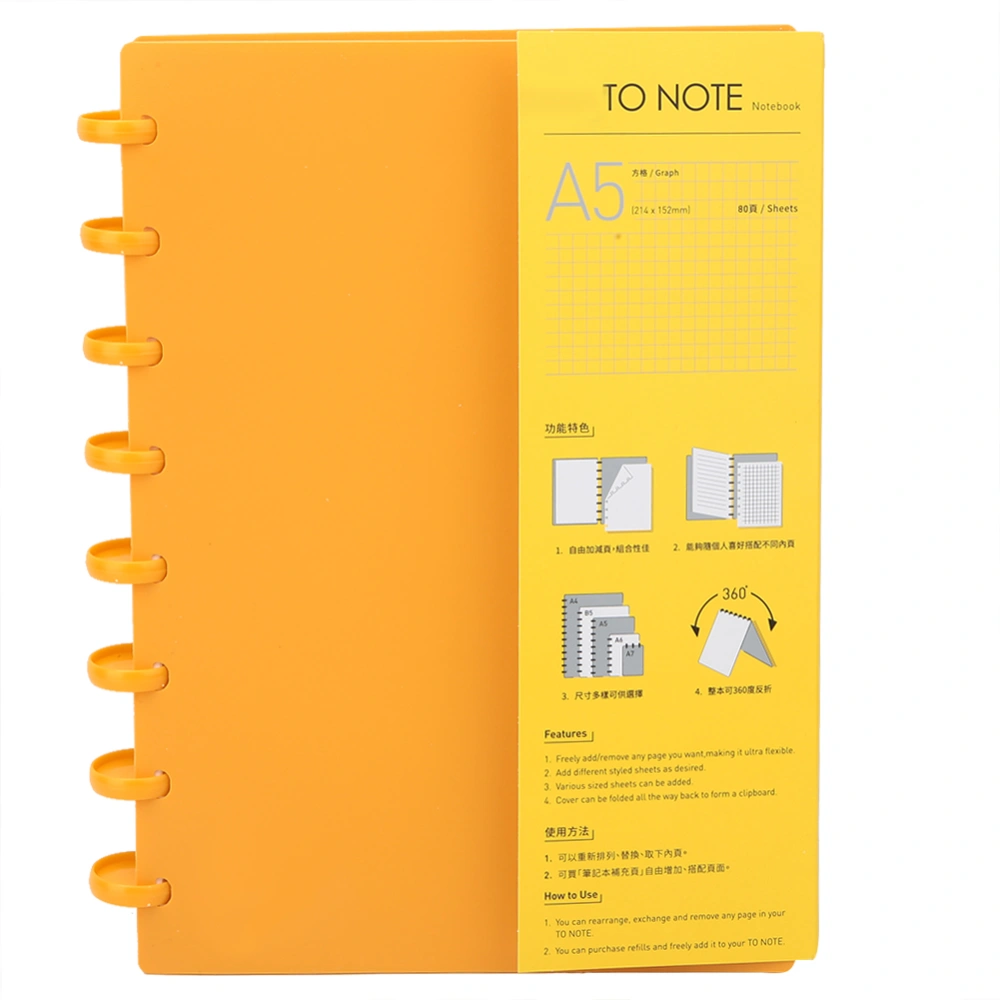 A5 Mushroom Hole Binder Refillable Writing Paper Notebook Office School Supplies(Orange Line)