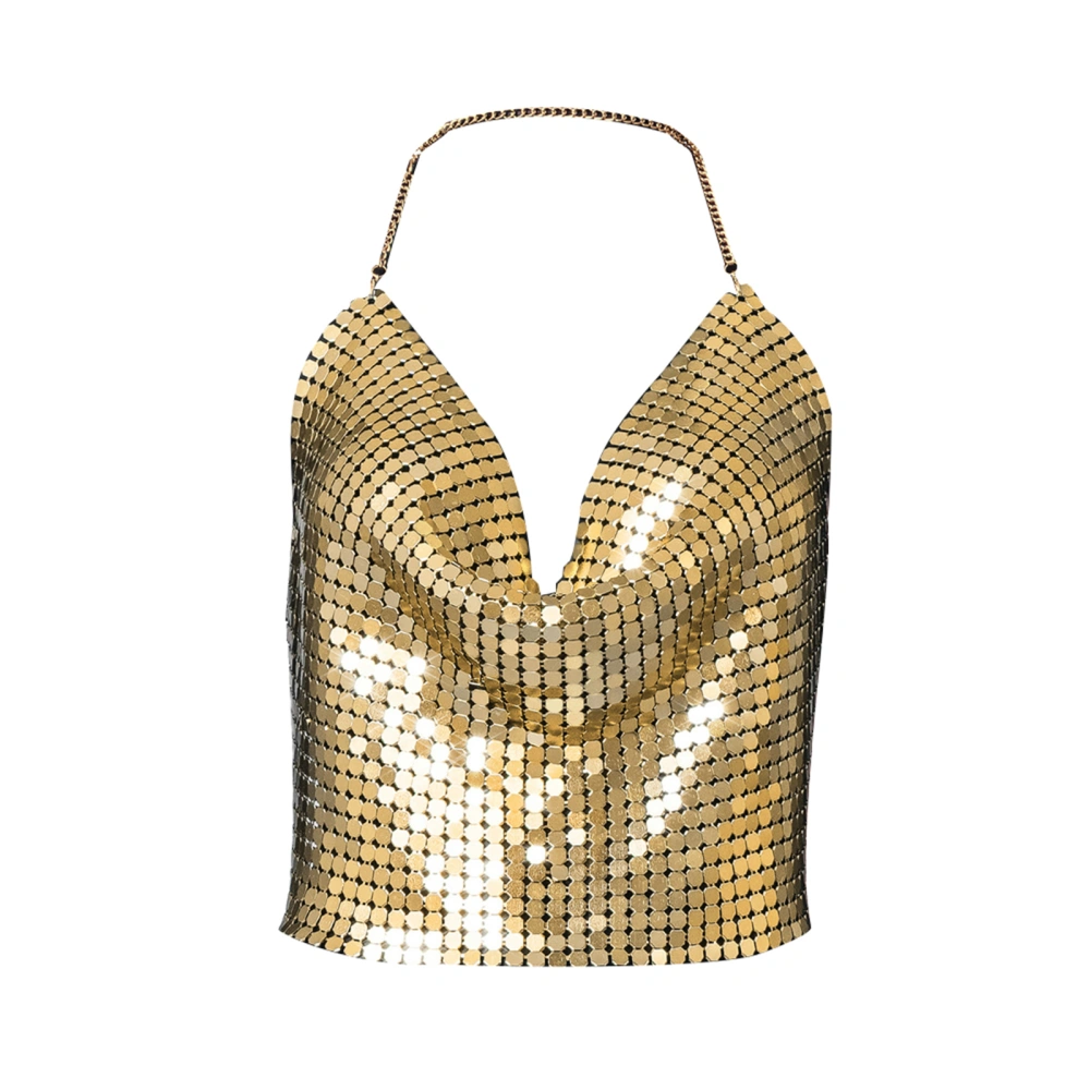 Women's Metal Sequin Camisole, Cowl Neck Slim Backless Cropped Vest