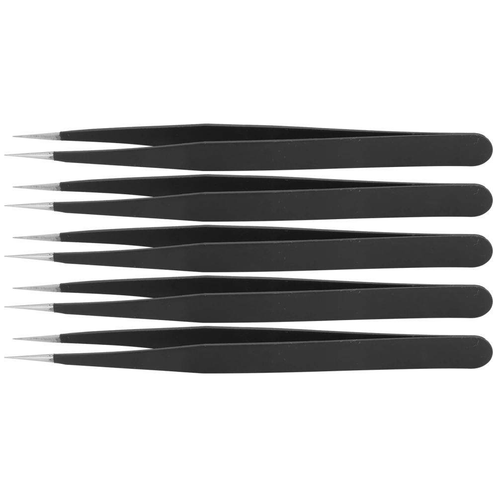 5Pcs Tweezers Stainless Steel AntiStatic Nipper Picking Tool Sewing Accessories Black(Straight Head )