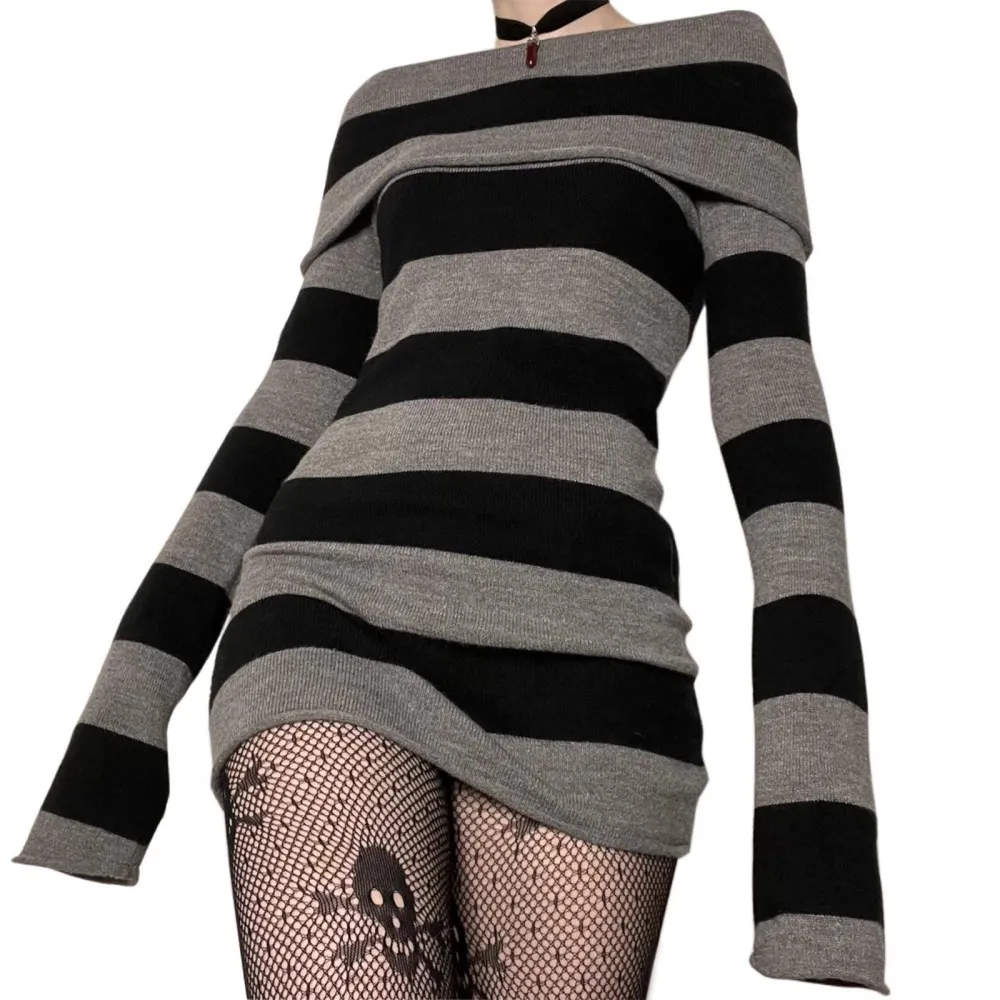 Women Bodycon Dress Stripe Boat-Neck Long Sleeve Short Dress