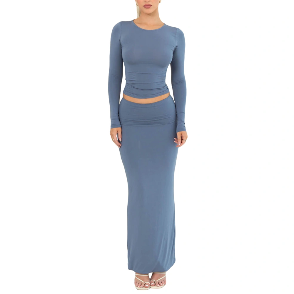 Women's 2 Piece Outfits Solid Color Crewneck Crop Tops Long Knit Bodycon Skirt Set