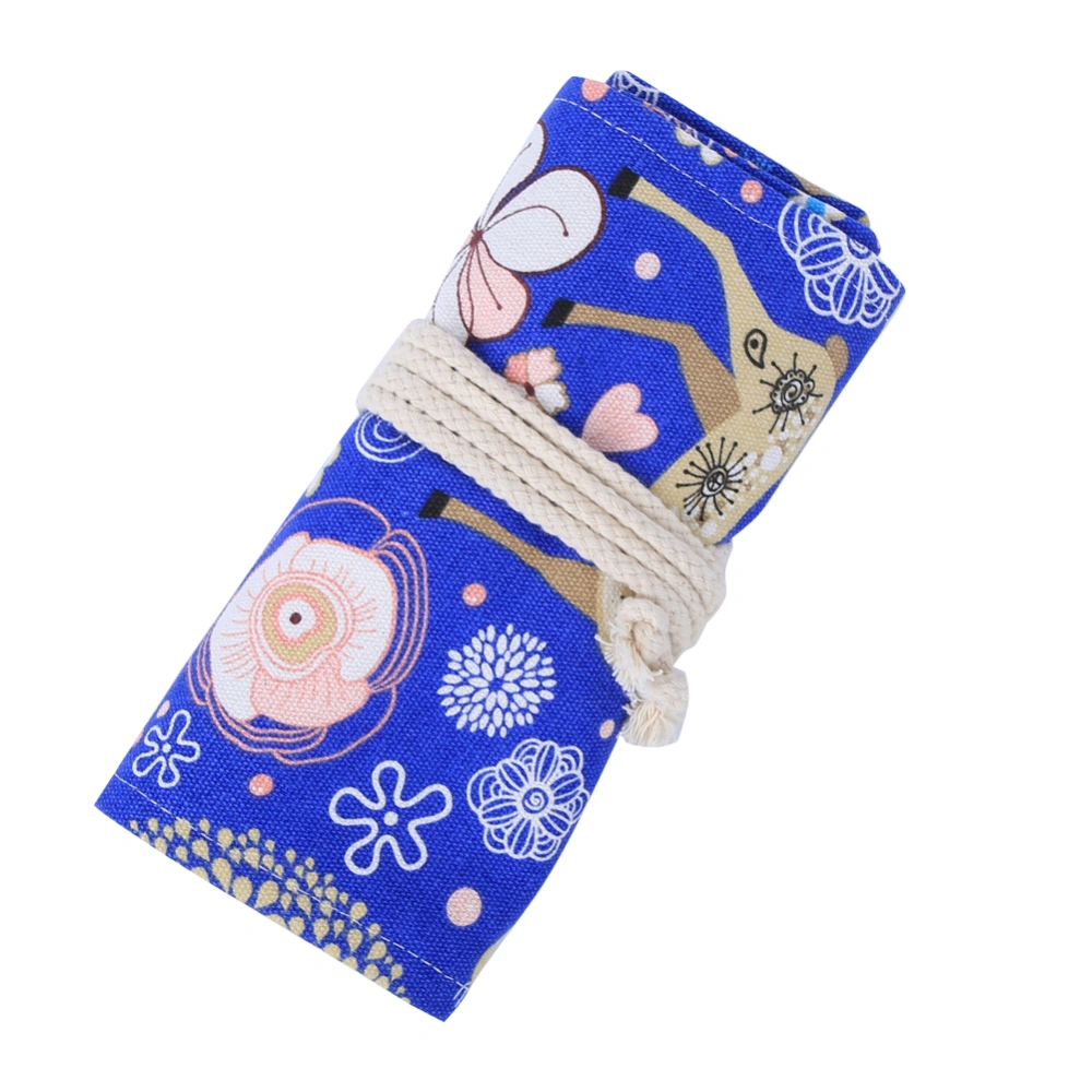 Pencil Roll Bag Blue Deer Pattern Canvas 48-Holes Large Capacity Storage Bag Stationery