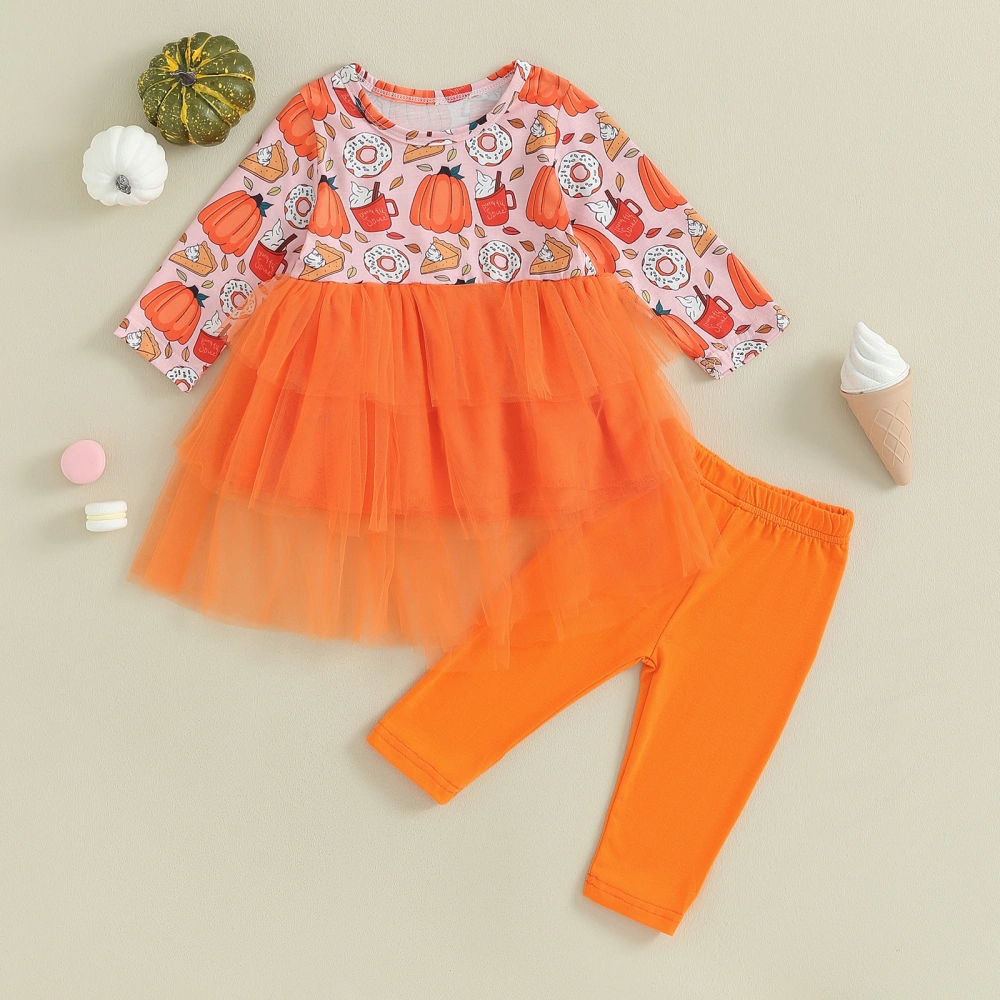 Baby Girls Halloween Outfit Pumpkin Print Tulle Dress with Pants