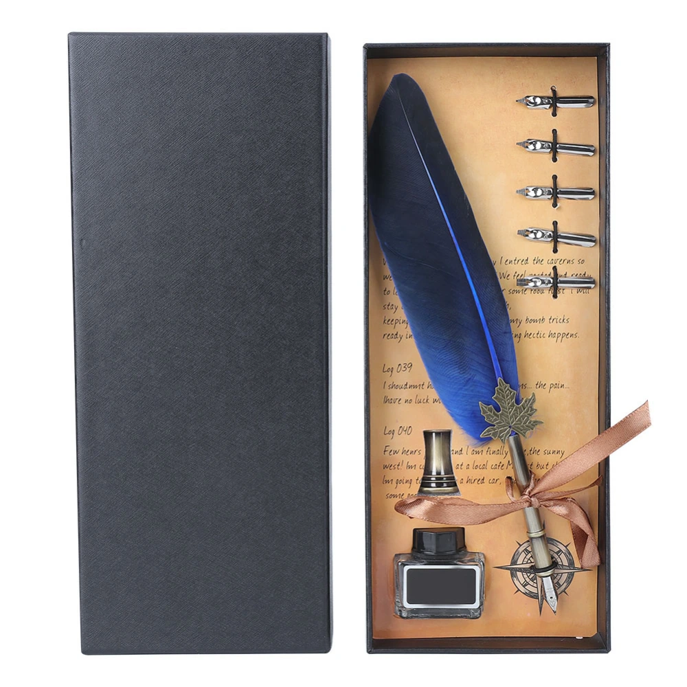 Vintage Feather Fountain Writing Pen Calligraphy Ink Quill Dip Pen with Gift Box(Blue)