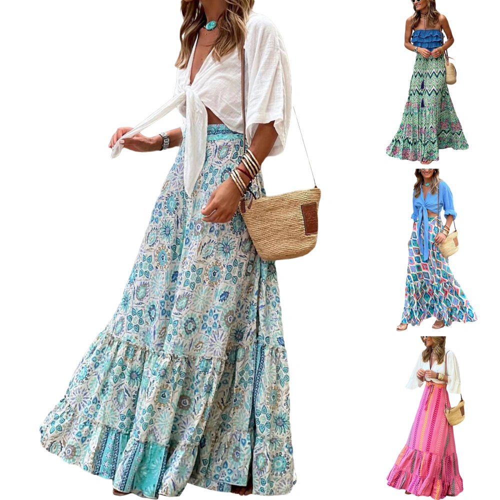 Women Flowy Boho Skirt Printed Ruffled Hem Summer Casual Skirt for Beach Vacation Club Streetwear Aesthetic Clothes