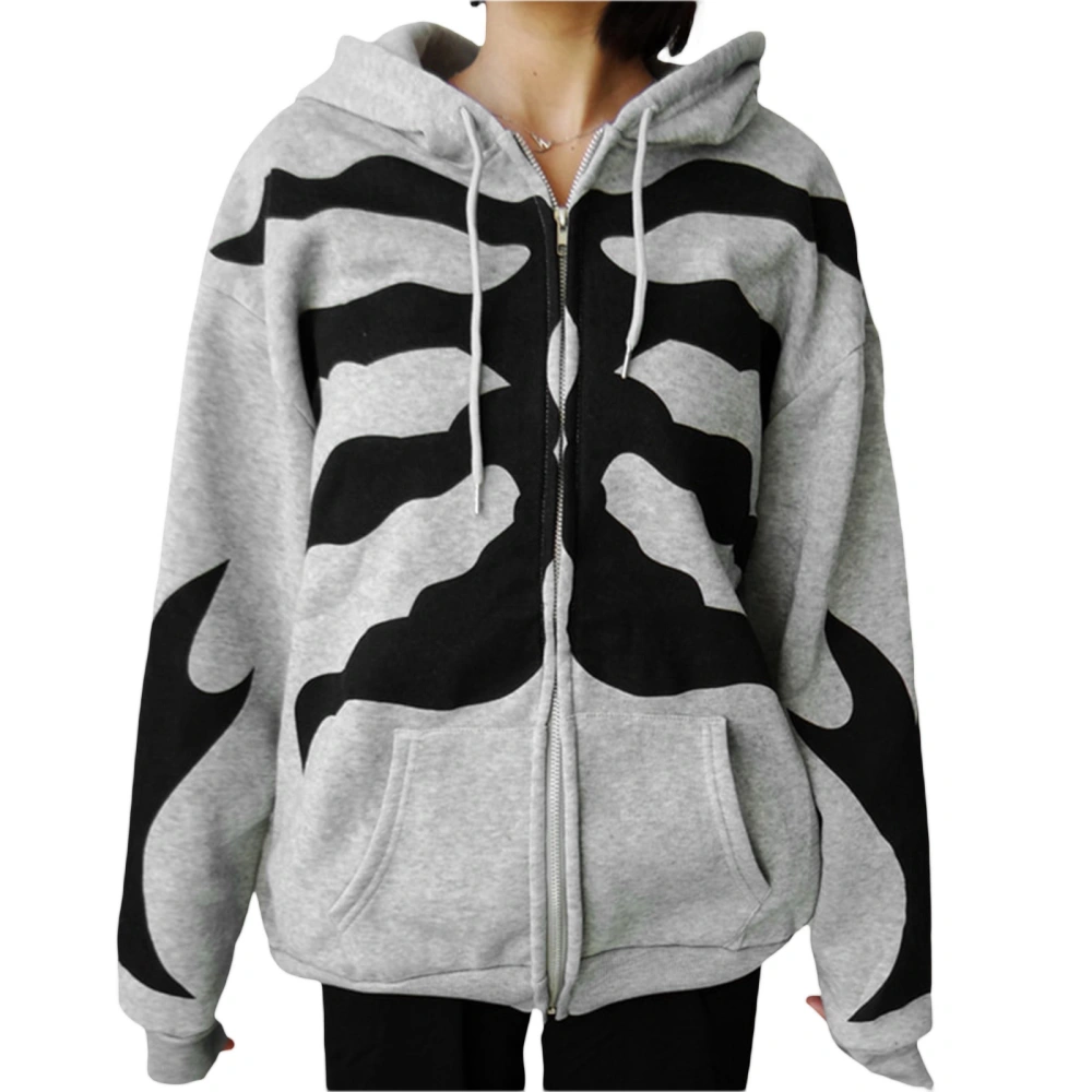 Women Punk Hoodies Goth Skeleton Print Zipped Hooded Sweatshirts Grunge Long Sleeve Loose Coat for Spring Autumn