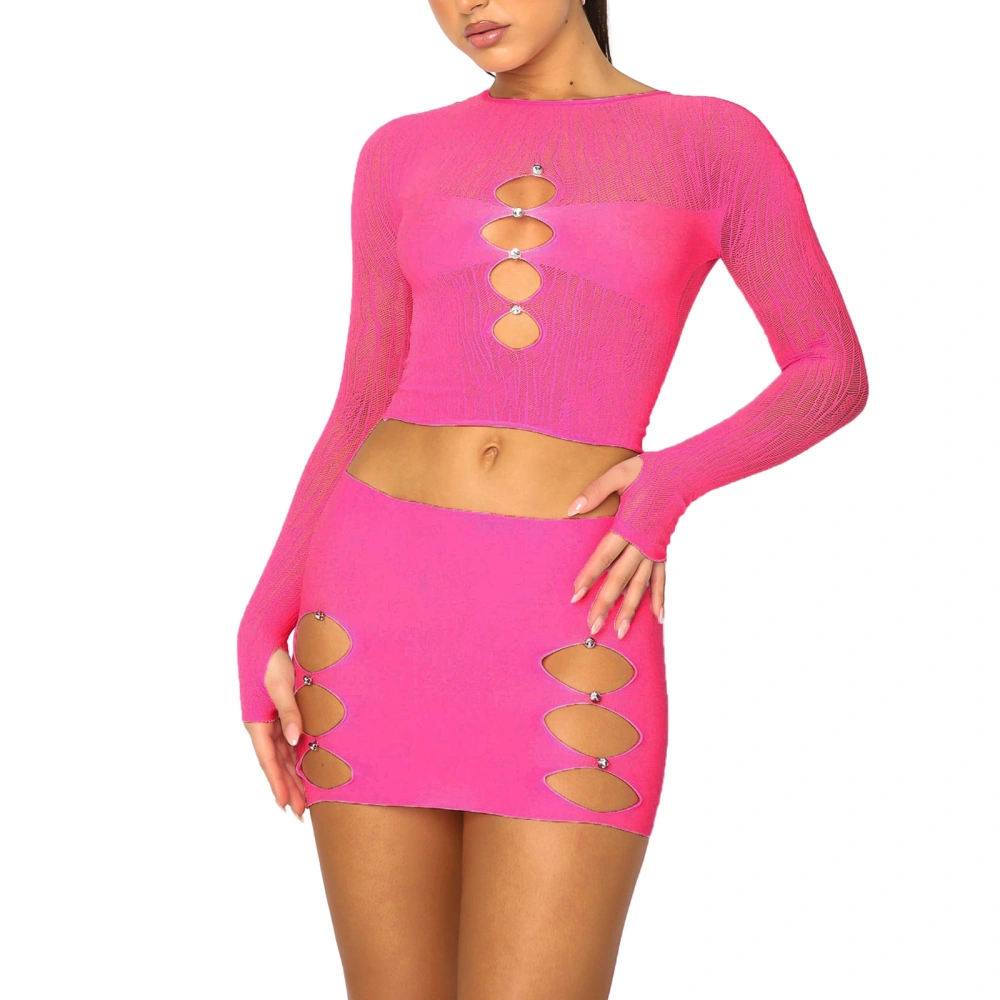 Women Skirt Set, Long Sleeve Hollowed Crop Top + Bodycon Skirt