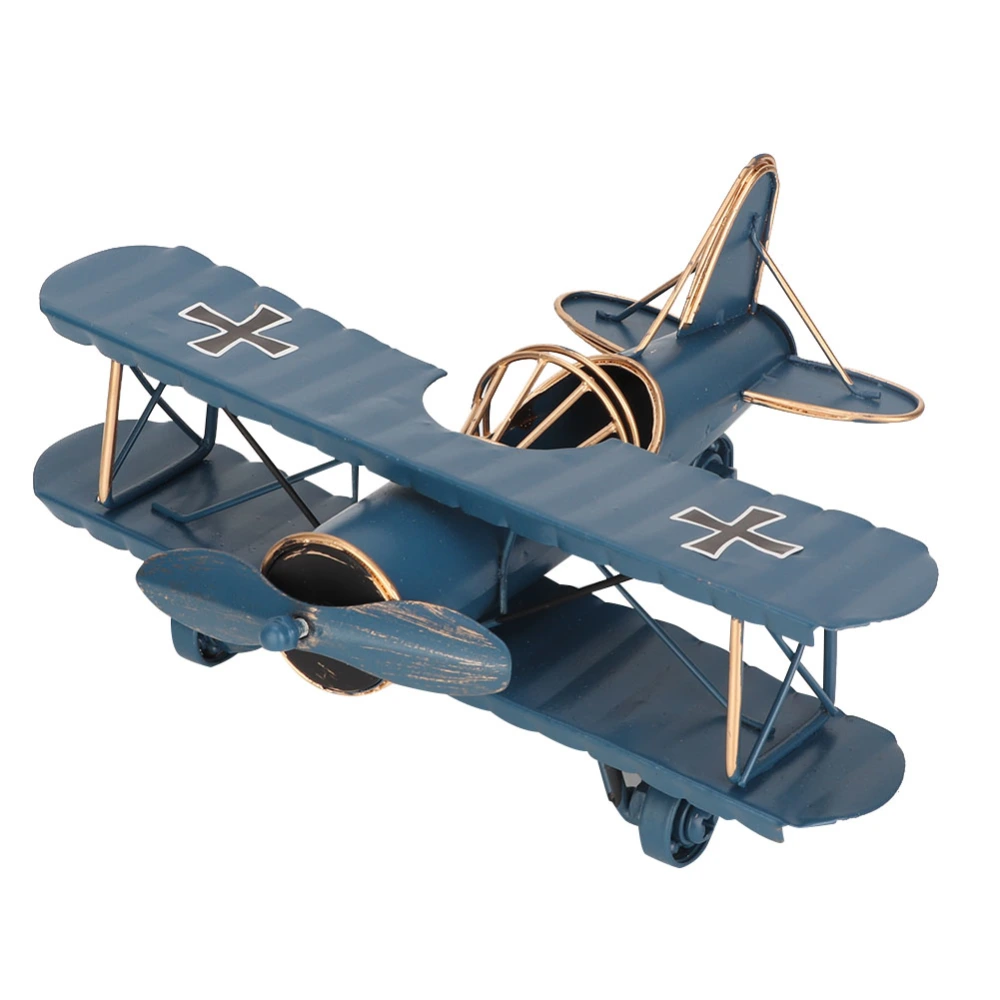 Vintage Airplane Model Wrought Iron Aircraft Biplane for Desktop Decor Photo Props (Blue)