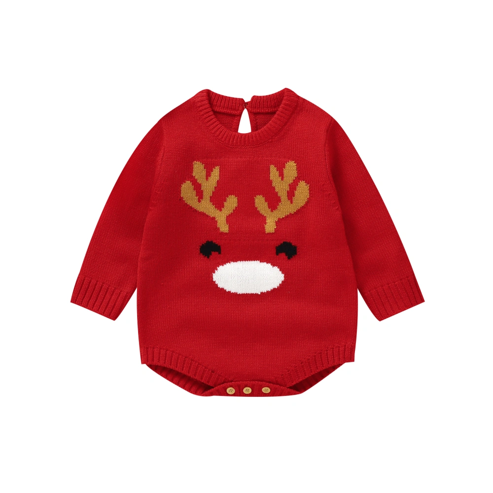 Baby Christmas Romper Long Sleeve Crew Neck Deer Print Knit Bodysuit 