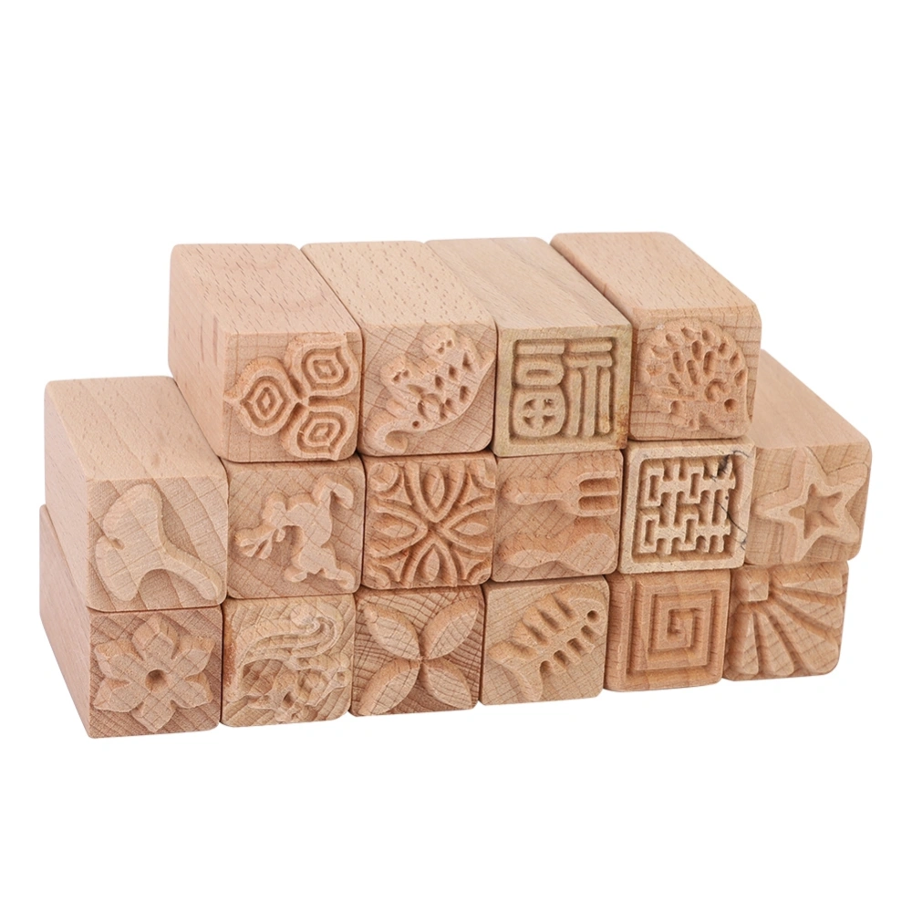 16Pcs Hand Carved Stamps Beech DIY Clay Pottery Printing Blocks Tool Craft Accessories