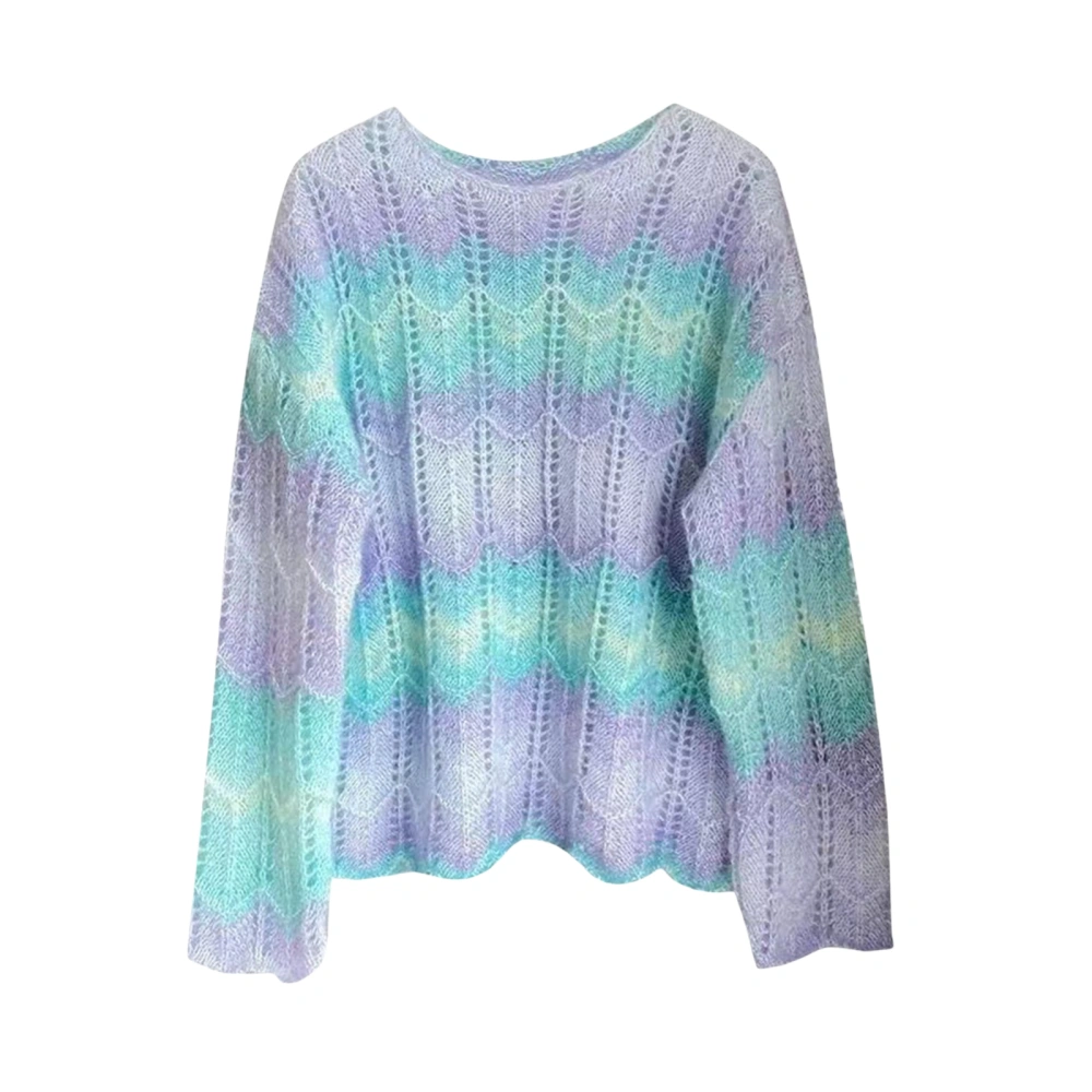 Women's Hollow Out Sweaters Long Sleeve Round Neck Gradient Print Knit Pullover Casual Tops