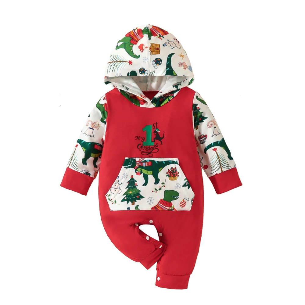 Baby Girls Christmas Long Sleeve Dinosaur Print Hooded Jumpsuit  