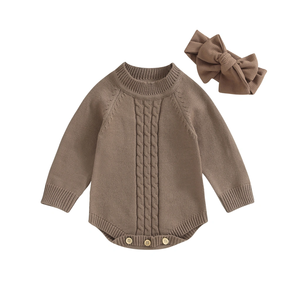 Baby Girls Autumn Long Sleeve Knit Sweater Romper with Headband