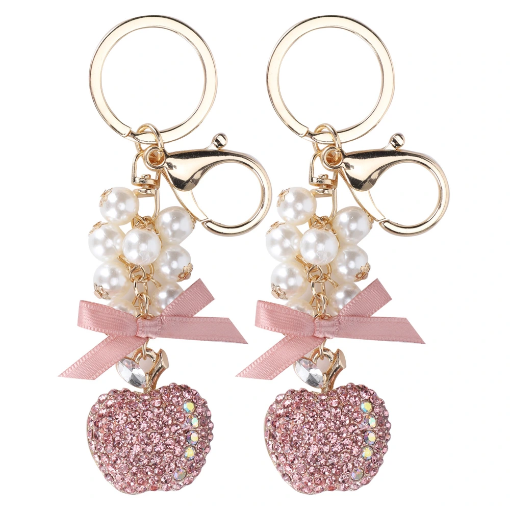 2Pcs Keychain Pendant Pearl Diamond‑Studded Fruit Shape Key Ring Girl Bag Decoration AccessoryPink