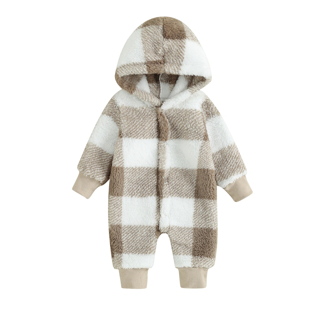 Baby Boys Autumn Long Sleeve Button Down Plaid Hooded Jumpsuit