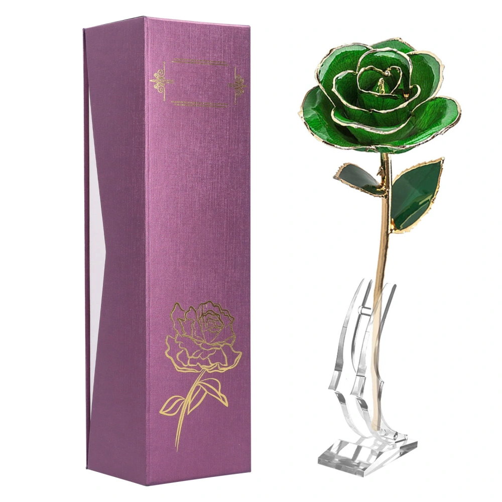 Forever Green Rose 24K Real Artificial Flower with Leaf and Base Craft Decorations