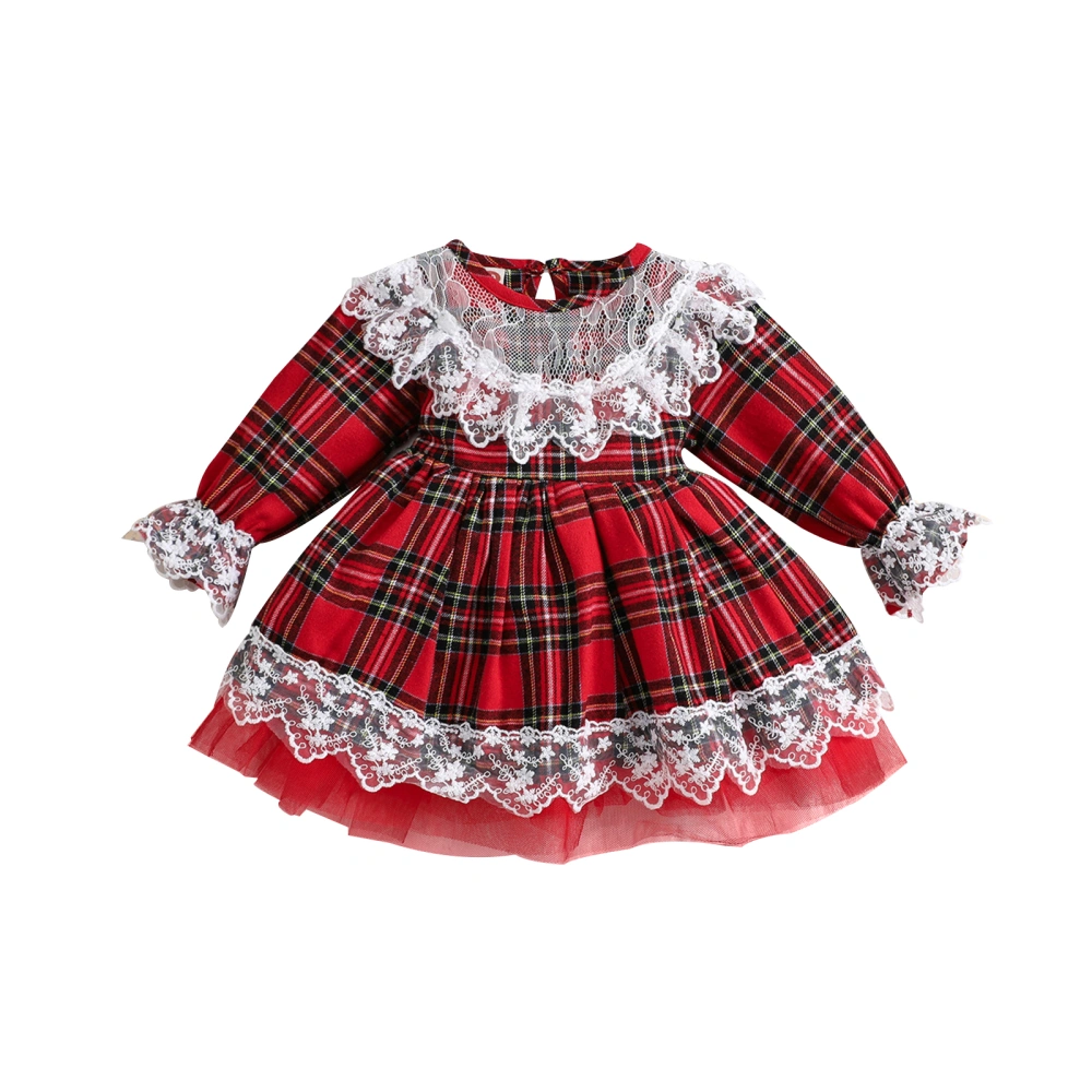 Newborn Christmas Dress Toddler Lace Trim Plaid Tulle Party Dress