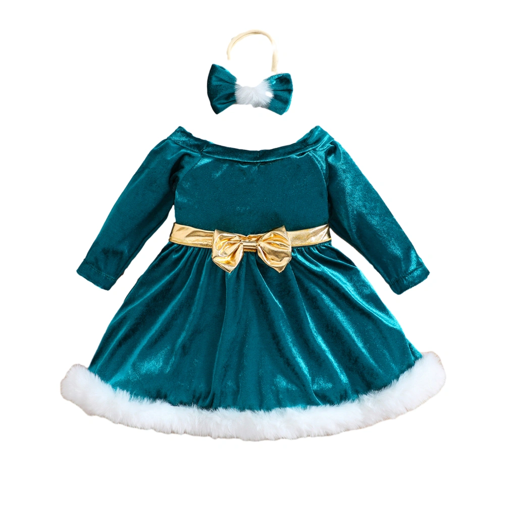 Toddler Girls Christmas Dress Long Sleeve Fur Trim Dress with Headband