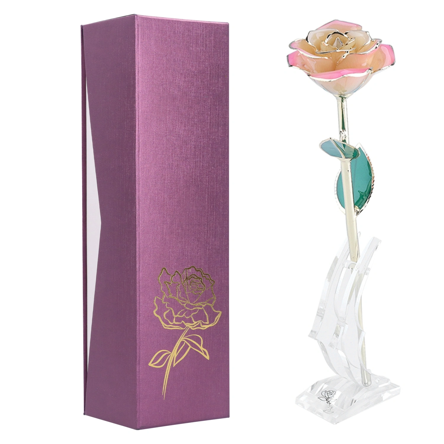 24K Gold Plating Flower White Pink Rose Green Leaf Base Gift Decoration for Valentine's Day