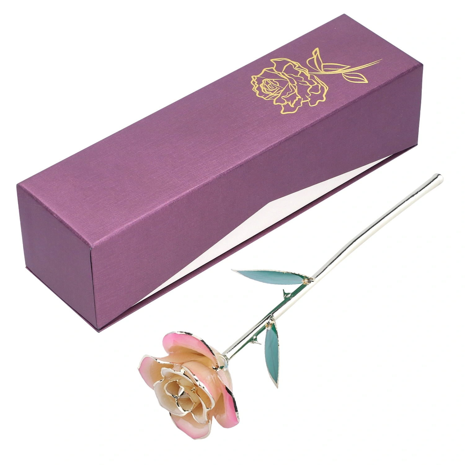 24K Gold Plating Flower White Pink Rose Green Leaf Base Gift Decoration for Valentine's Day
