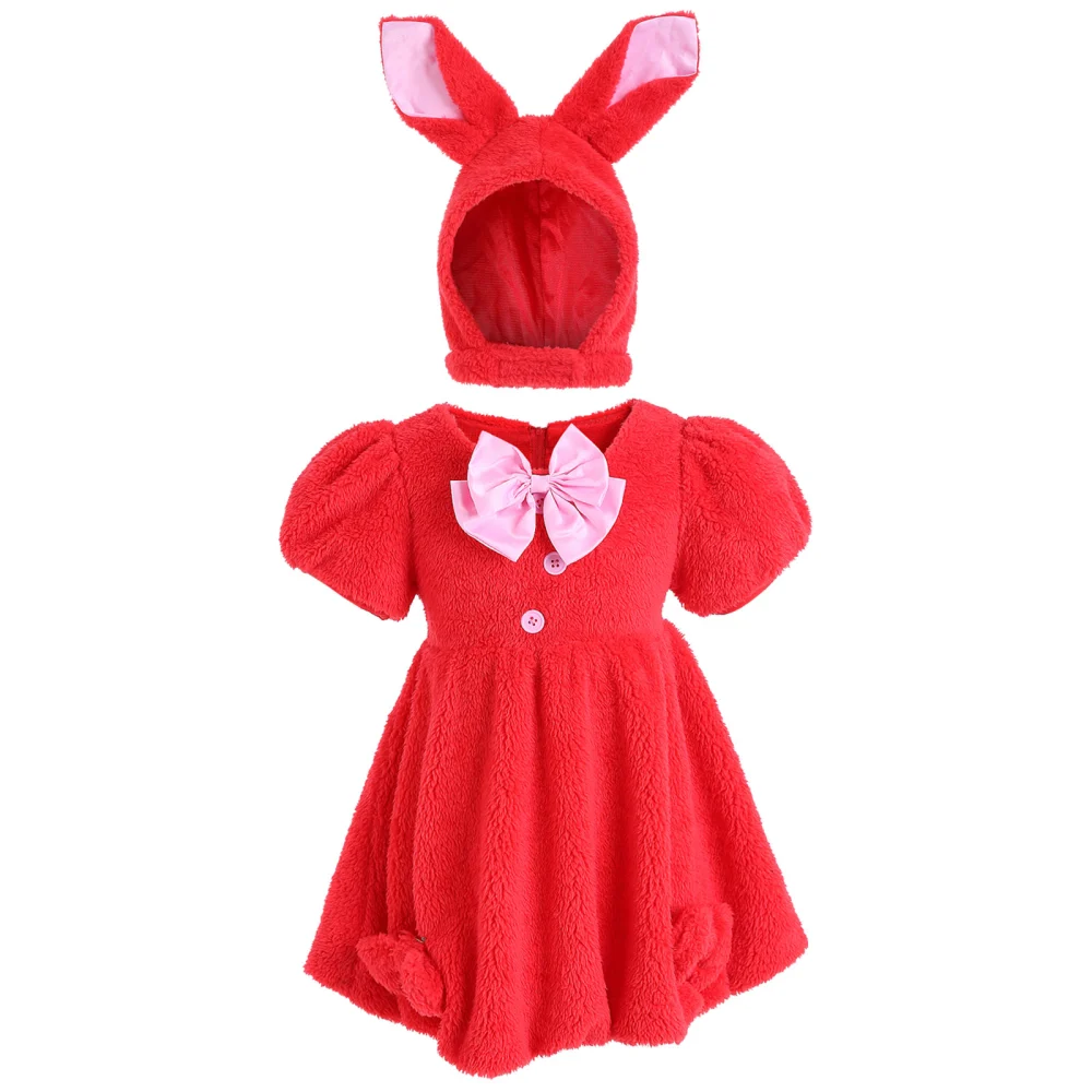 Kids Girl Dress Set, Short Sleeve A-line Dress + Rabbit Ears Hat + Bow