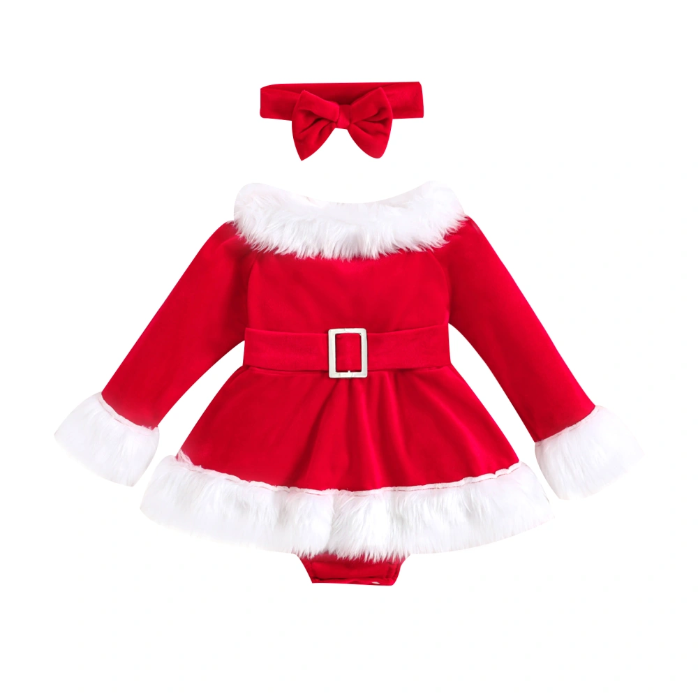 Baby Girls Christmas Outfits Long Sleeve Belted Romper with Headband