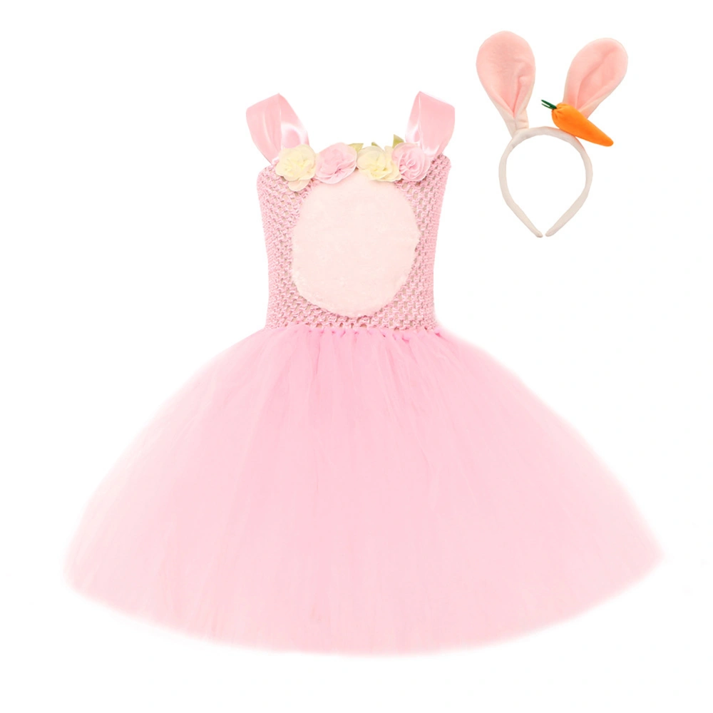 Girl Easter Costume Sleeveless Floral Mesh Dress Rabbit Ear Head Band 