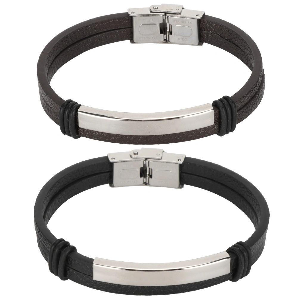 2Pcs Bracelets Simple Hand‑Woven Casual Stainless Steel Buckle PU Bangle Black + Brown